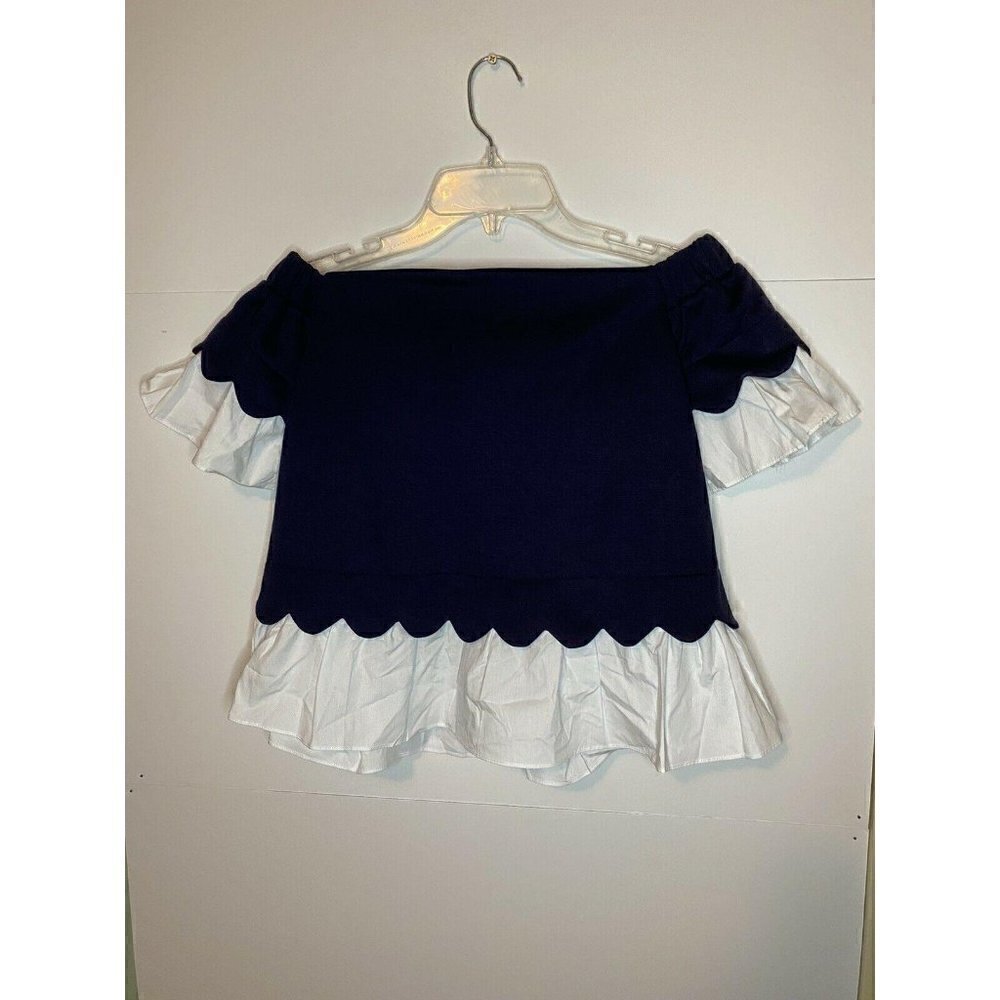 Sugar Lips Off The Shoulder Top Small Navy White Short Sleeve Ruffle Blouse XS